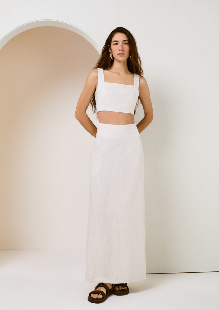 Top Cropped Off White DZARM Decote Reto Em Viscose Com Linho