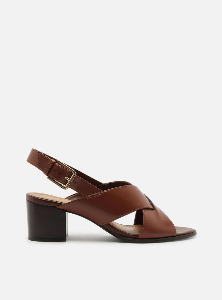 Sandália Marrom Couro Salto Médio Bloco Tiras Cruzadas