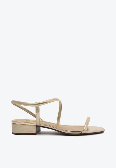 Sandália Salto Bloco Dourada Tiras Assimétricas