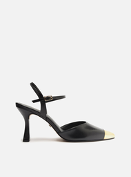 Scarpin Preto Arezzo Couro Bico Fino Aberto Cap Toe