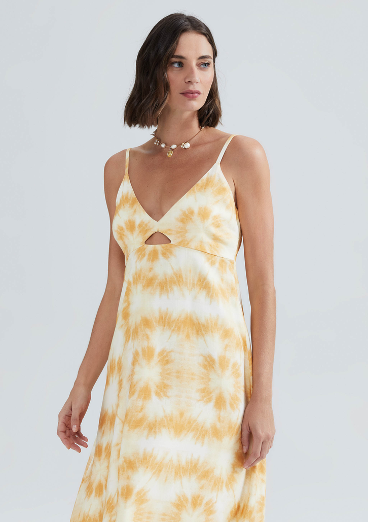 Vestido Amarelo Hering Midi Alças Finas Estampado