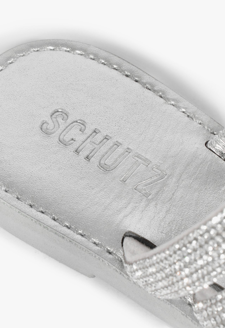 Sandália Rasteira Brilho Schutz Logo Prata