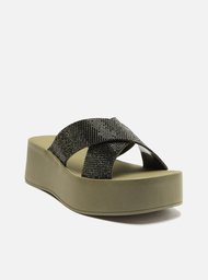 Sandália Verde Flatform Tiras Strass Lulu