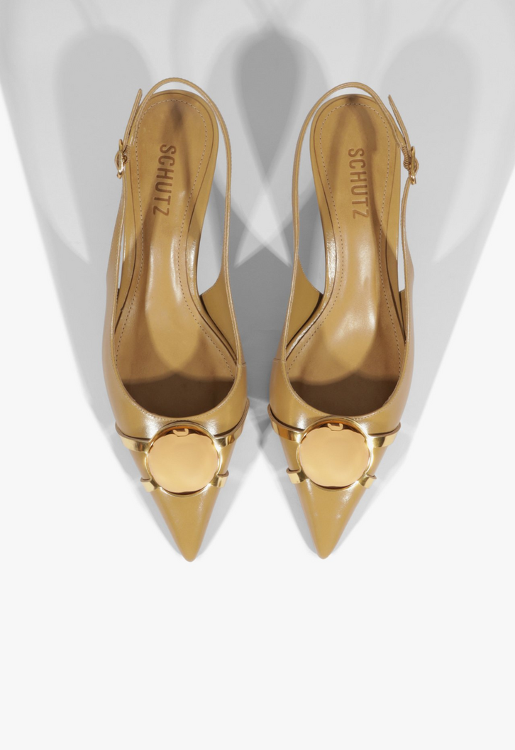 Scarpin Slingback Salto Mini Couro Enfeite Bege