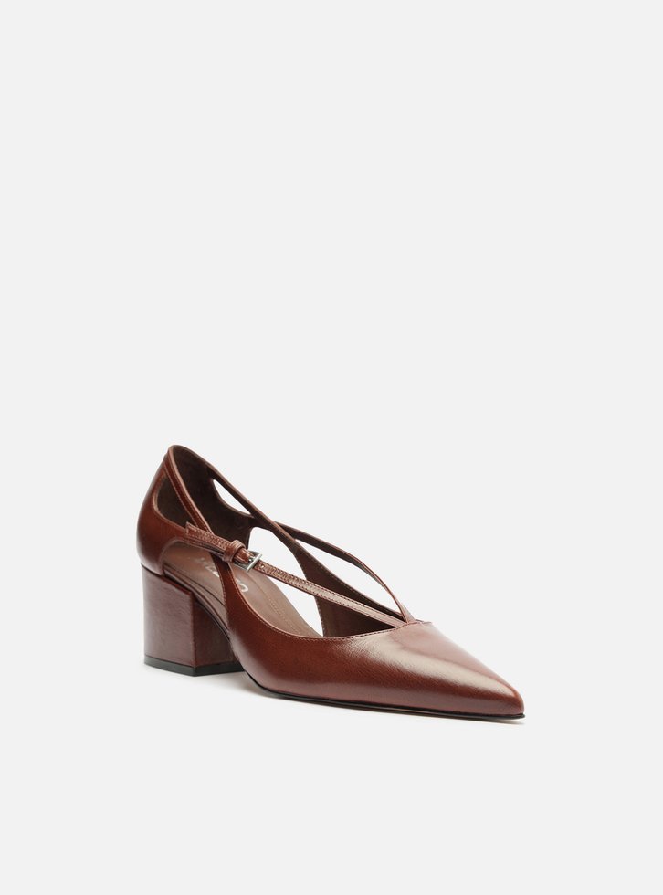 Scarpin Marrom Couro Bloco Semi Aberto Tiras
