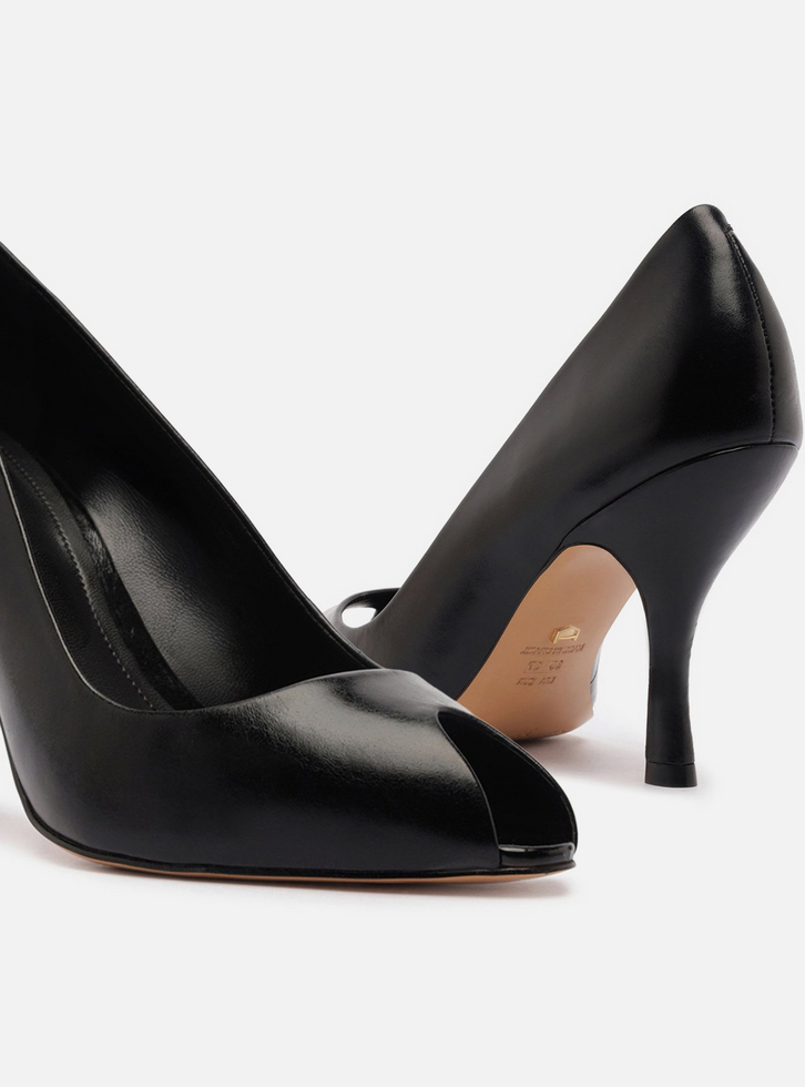 Peep Toe Preto Couro Salto Alto Fino