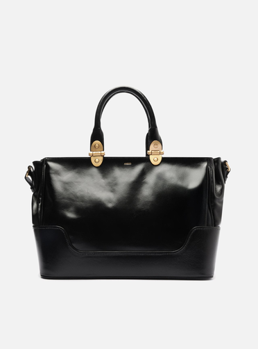 Bolsa Tote Preta Couro Natural Grande Metais