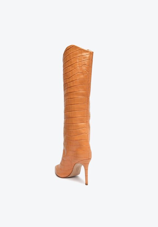 BOTA LARANJA SCHUTZ CANO LONGO SALTO MARYANA COURO CROCO