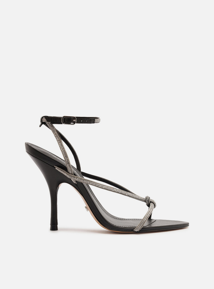 Sandália Preta Salto Alto Fino Strass Nó