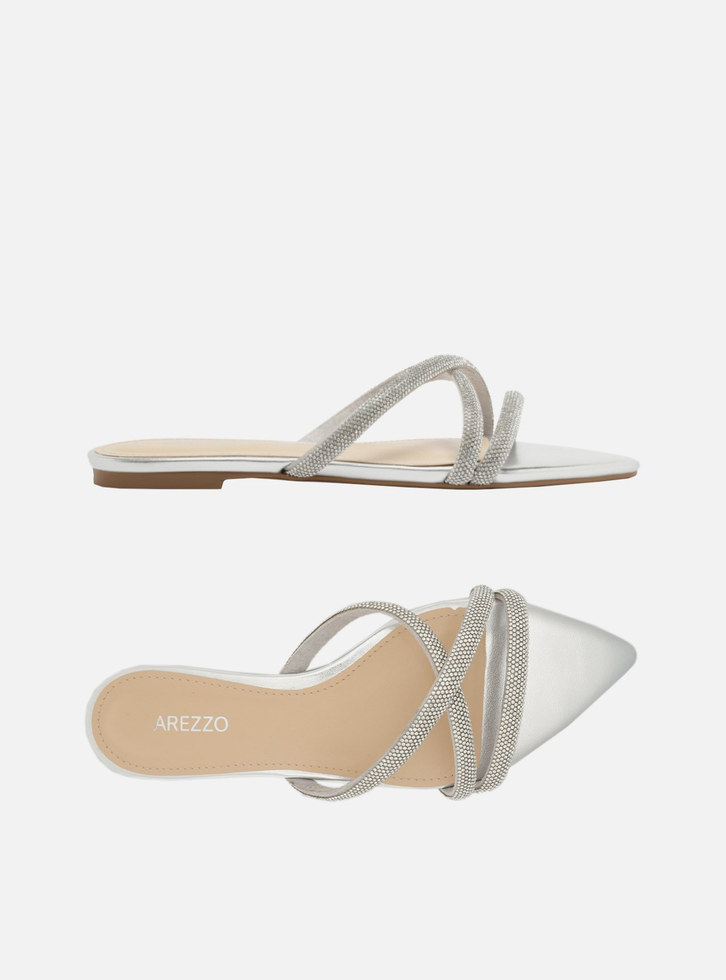 Rasteira Prata Flat Bico Folha Tiras Strass