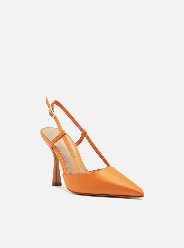 Scarpin Laranja Cetim Salto Alto Geométrico