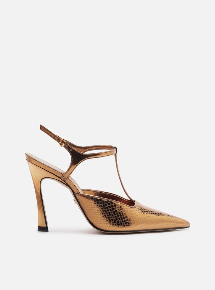 Scarpin Dourado Snake Salto Alto Aberto Telma