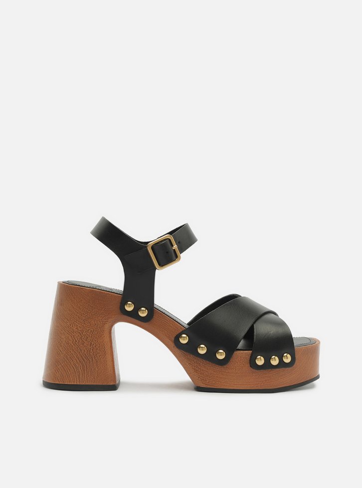 Sandália Preta Couro Meia Pata Bloco Madeira