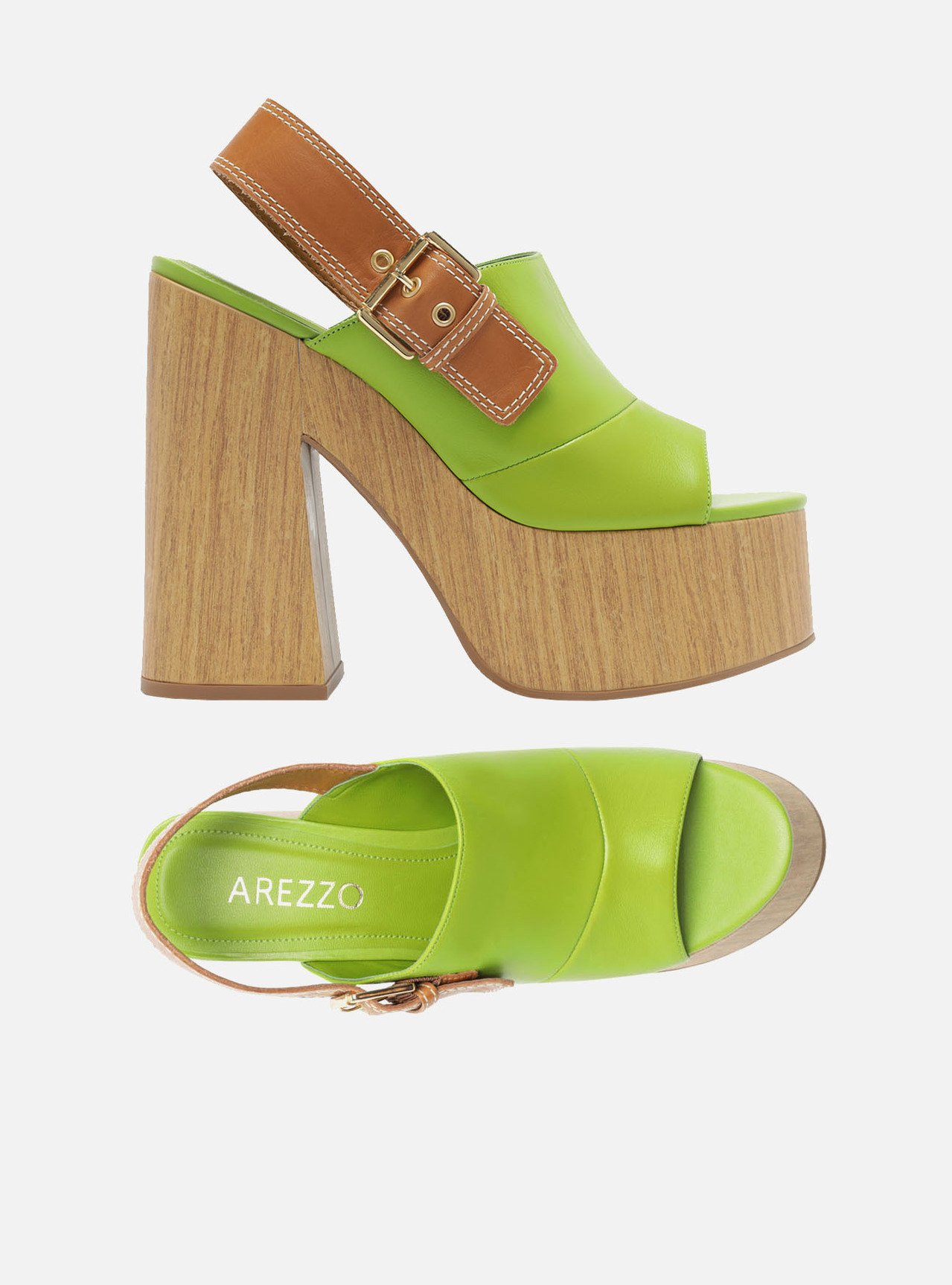 Sandália Verde Arezzo Cetim Salto Alto Amadeirado | ZZ MALL