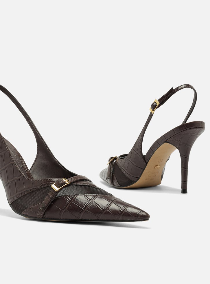 Scarpin Marrom Croco Salto Alto Slingback Tela