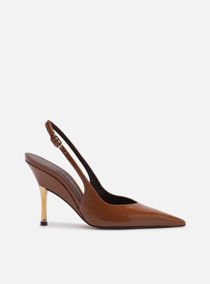 Scarpin Marrom Couro Slingback Salto Alto Dourado