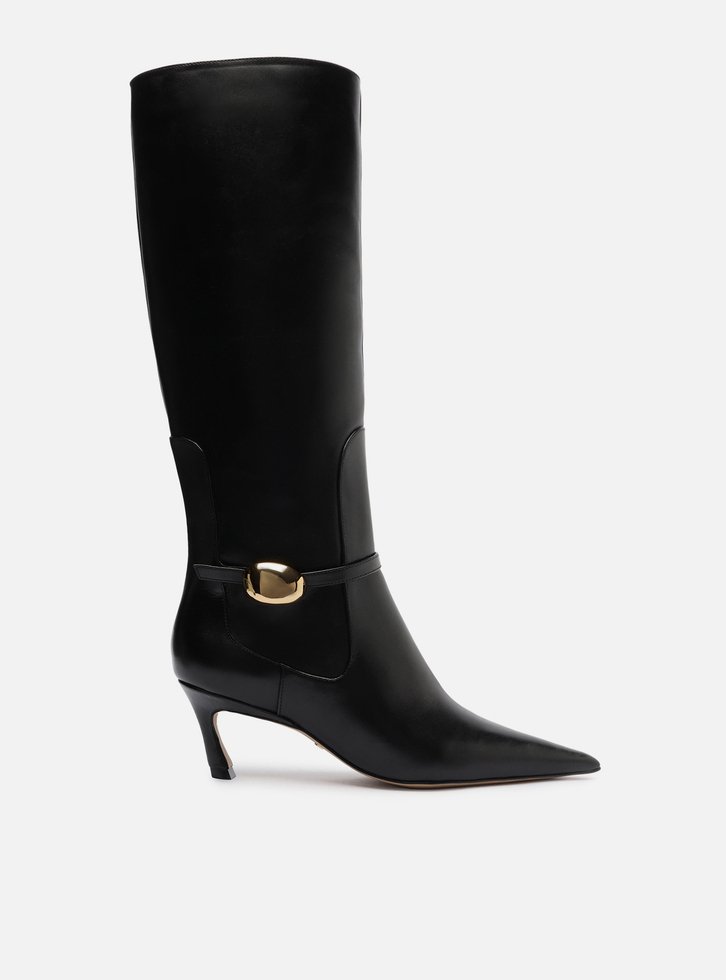 Bota Preta Couro Salto Baixo Cano Longo Metal