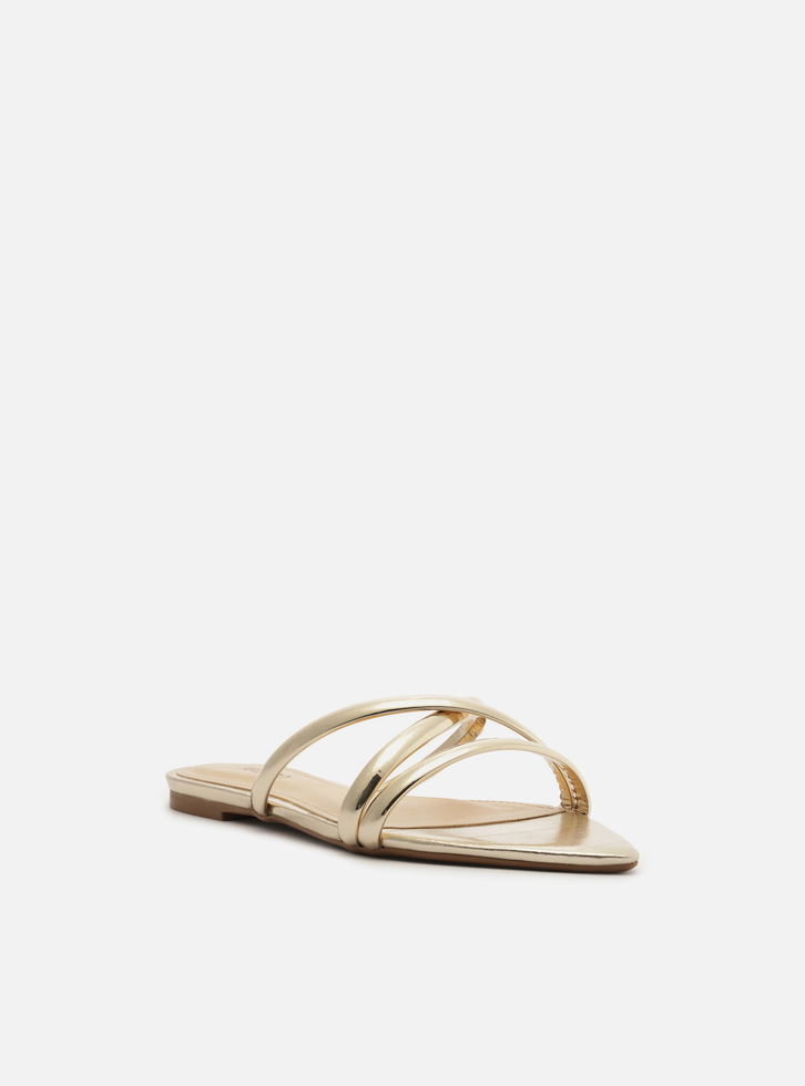 Rasteira Dourada Flat Bico Folha Tiras