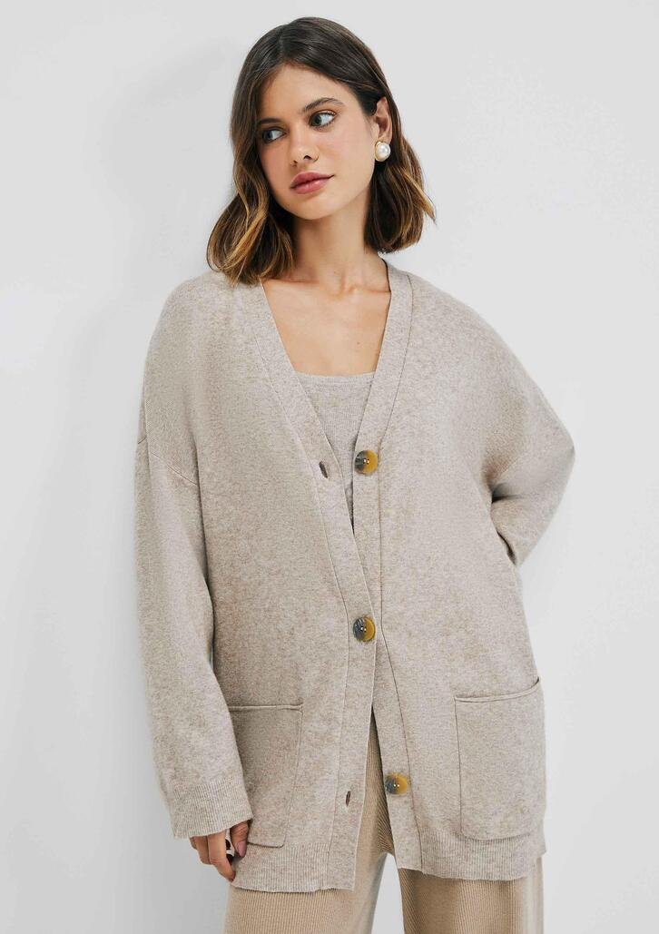 Cardigan Bege Hering Alongado Em Tricô