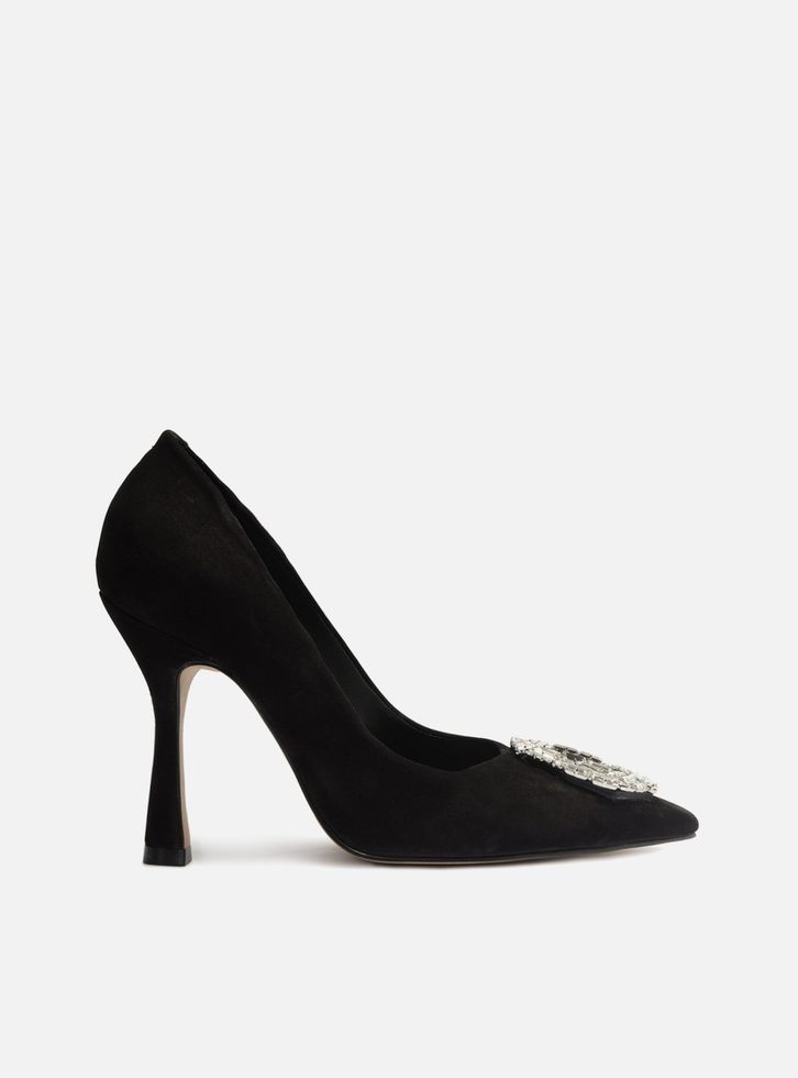 Scarpin Preto Nobuck Bico Fino Pedraria