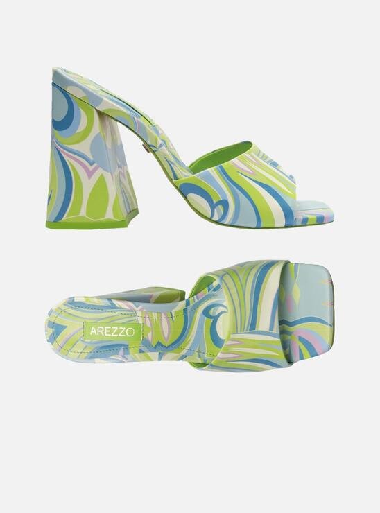 SANDÁLIA AZUL ESTAMPADA AREZZO SALTO ALTO BLOCO GIA