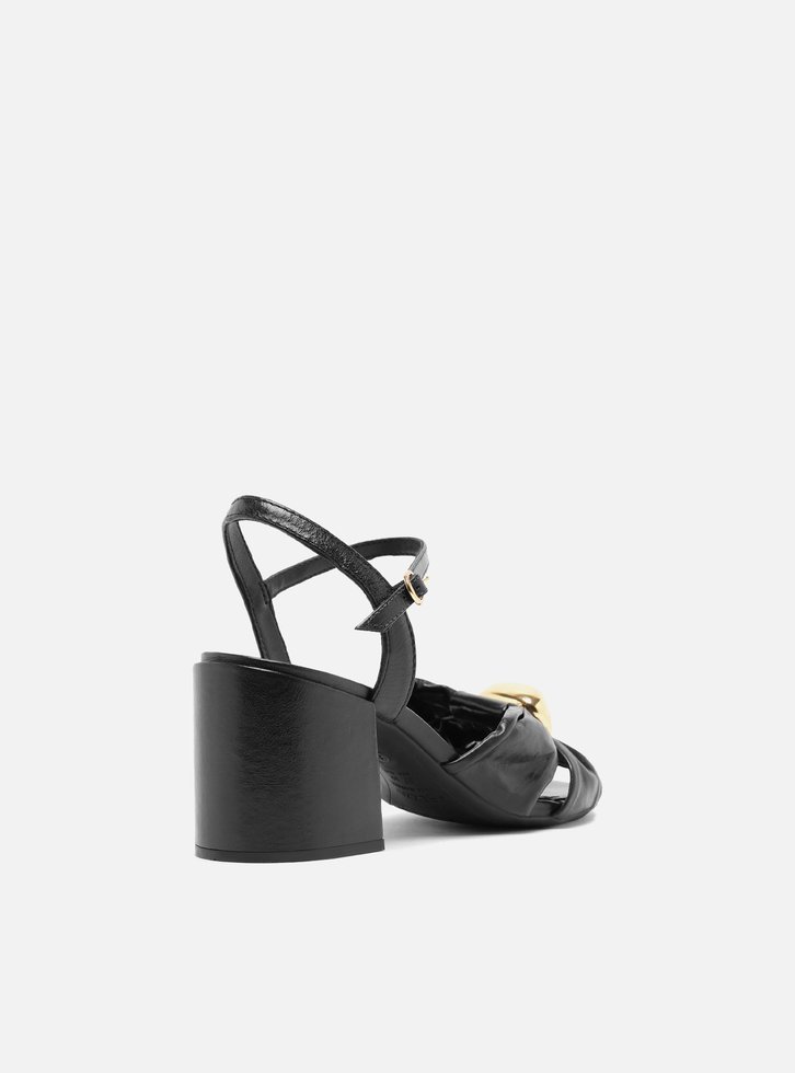 Sandália Preta Couro Bloco Tiras Soft Metal
