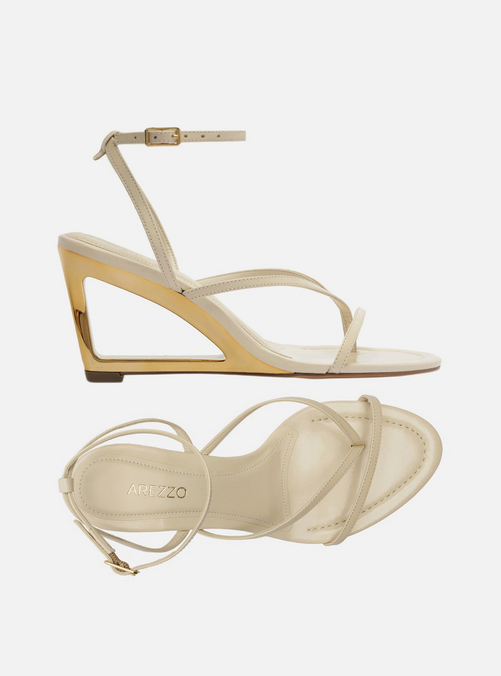 Sandália Off White Couro Salto Geométrico Tiras