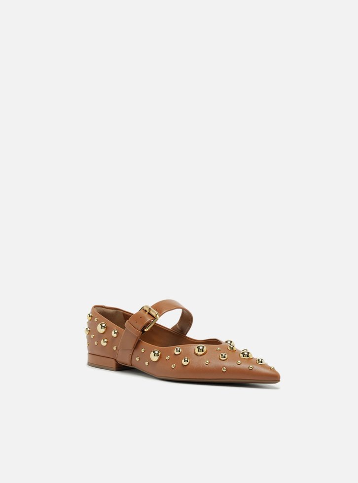 Sapatilha Boneca Marrom Couro Maxi Tachas