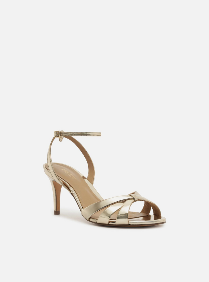 Sandália Dourada Salto Médio Tiras Finas