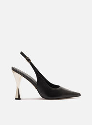 Scarpin Preto Couro Salto Alto Slingback
