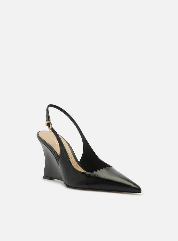 Scarpin Preto Couro Salto Alto Anabela Slingback