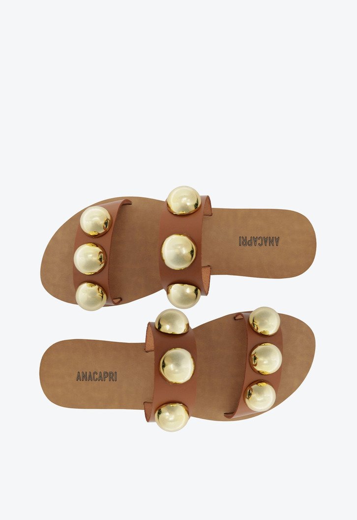 Rasteira Tiras Paralelas Esfera Pop Couro Marrom