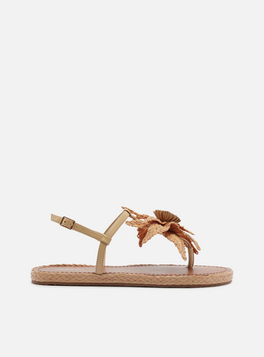 Sandália Rasteira Bege Couro Tiras Slim Flor