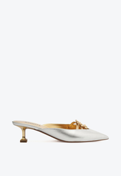 Sapato Mule Schutz Salto Kitten Camurça Laço Prata