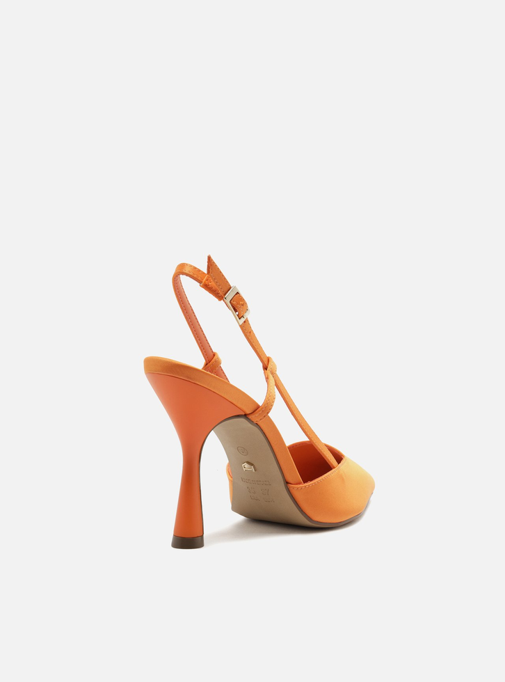 Scarpin Laranja Cetim Salto Alto Geométrico
