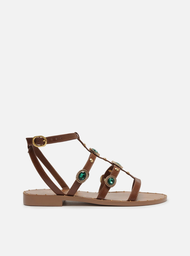 Sandália Rasteira Gladiadora Marrom Arezzo Couro Pedrarias