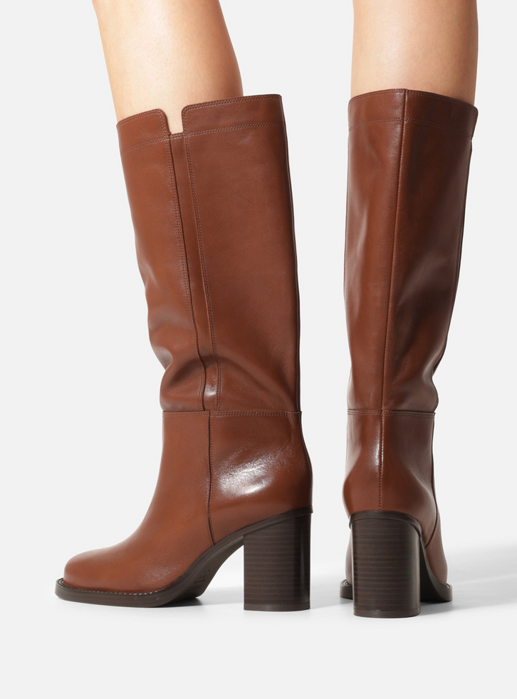 Bota Marrom Couro Cano Longo Salto Bloco