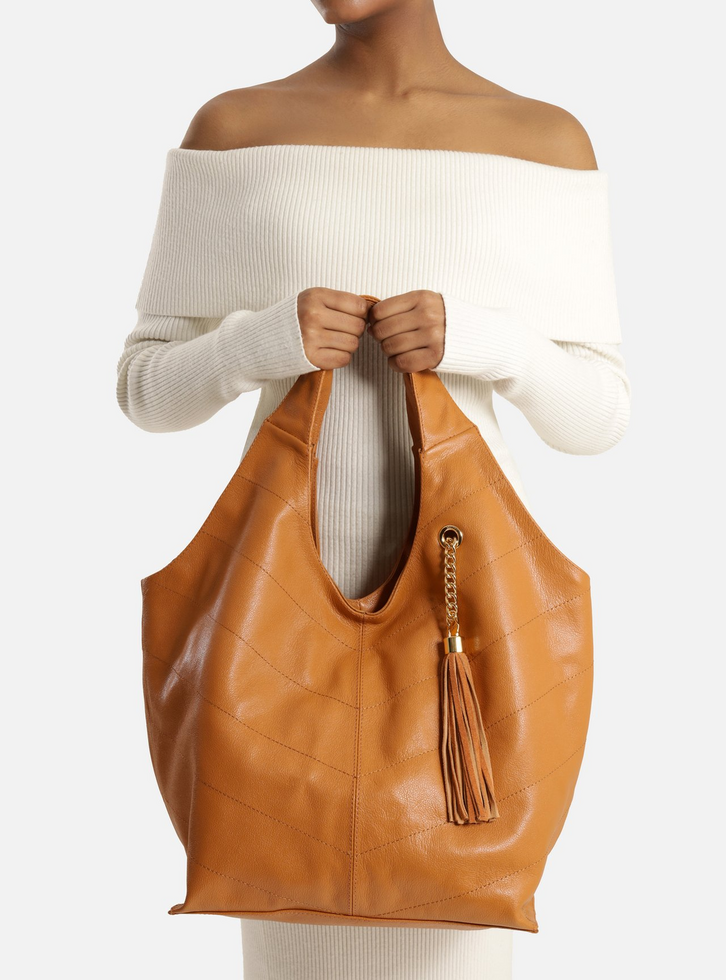 Bolsa Hobo Marrom Couro Grande Franjas