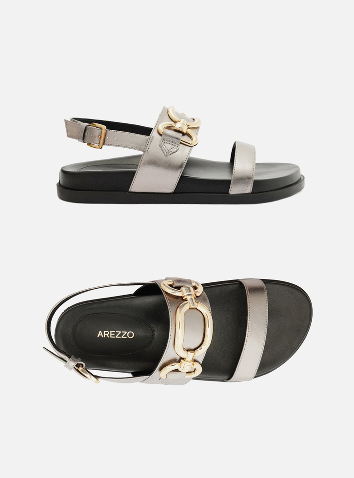 Sandália Rasteira Flatform Prata Arezzo Couro Metal