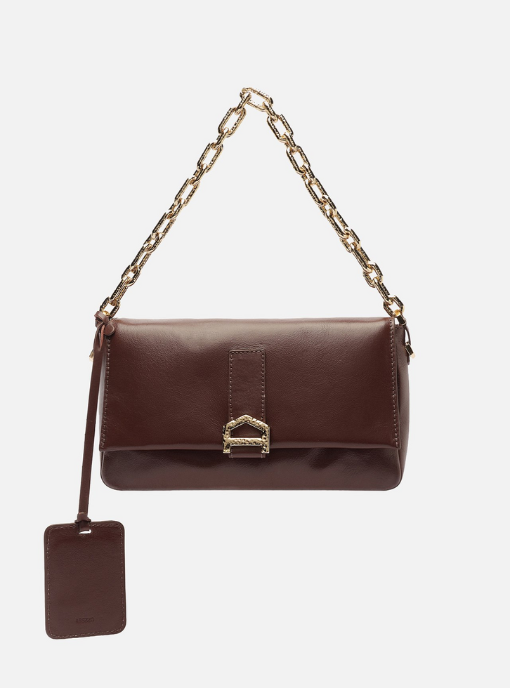 Bolsa Tiracolo Marrom Couro Média Alça Corrente