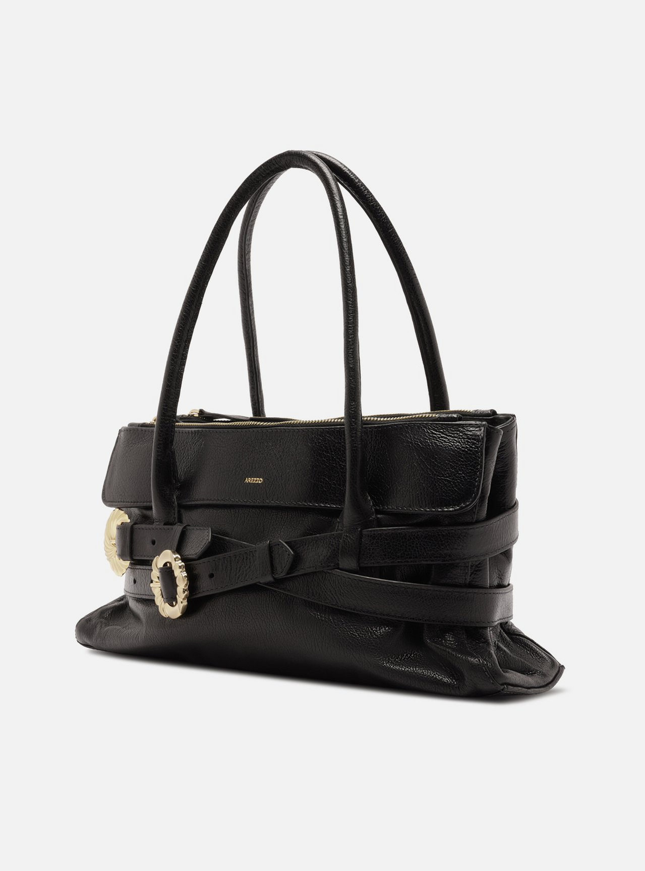 Bolsa Shoulder Preta Couro Grande Fivelas Douradas | ZZ MALL
