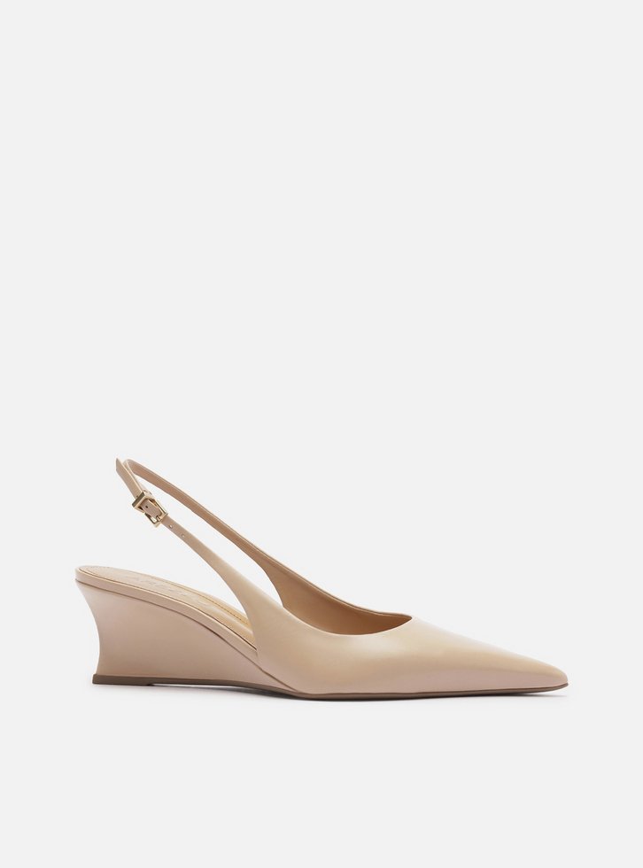Scarpin Bege Couro Salto Baixo Anabela Slingback