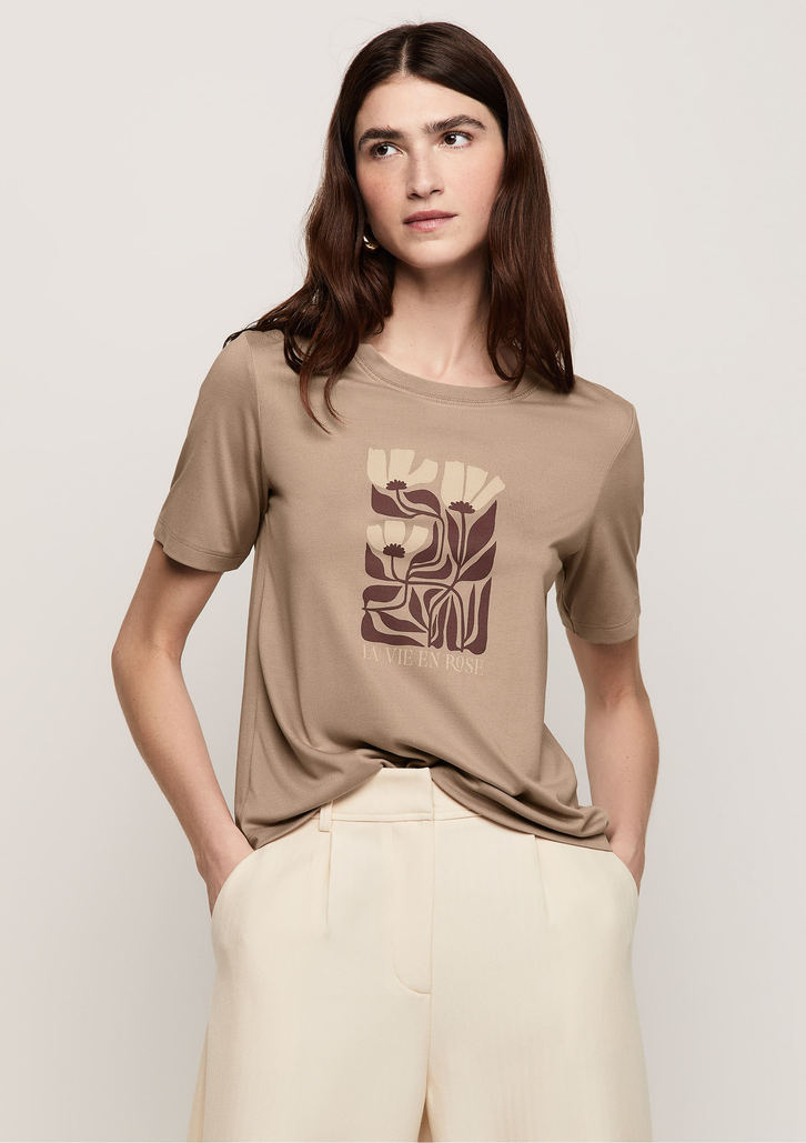Camisa Bege Dzarm Estampada com Meia Manga Regular