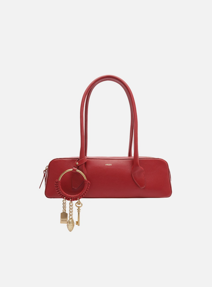 Bolsa Shoulder Vermelha Couro Média Metais