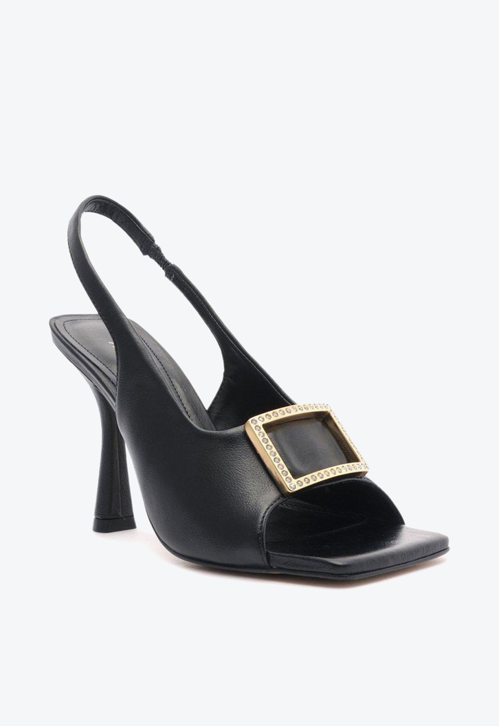 Sandália Preta Arezzo Couro Salto Fino Slingback Gigi