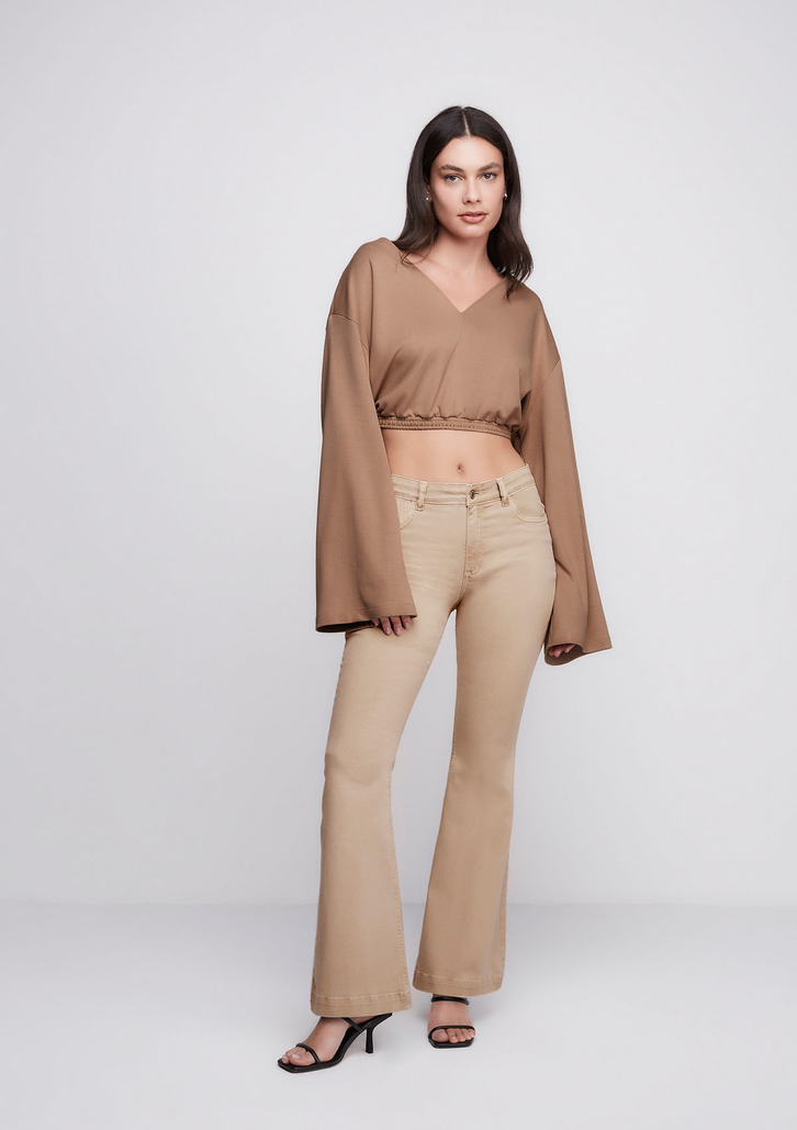 Calça Flare Bege Off White DZARM Slim Cintura Média