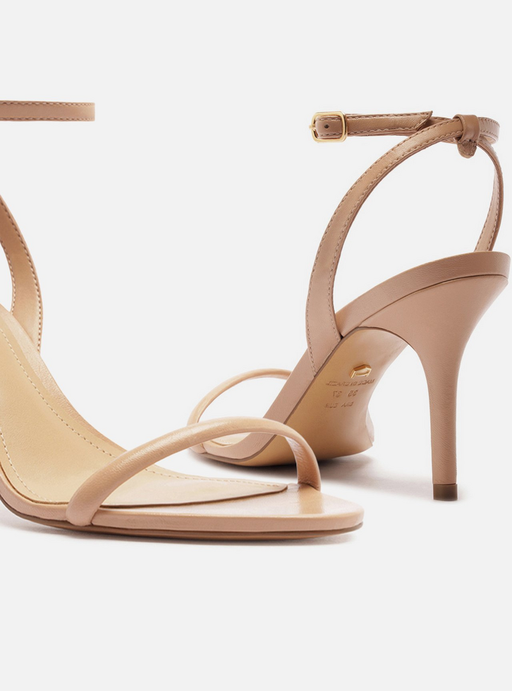 Sandália Bege Couro Salto Fino Tiras Minimal