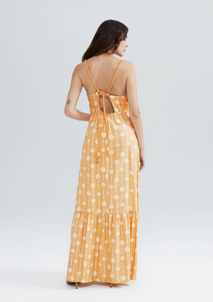 Vestido Laranja Hering Longo Estampado Com Franzidos