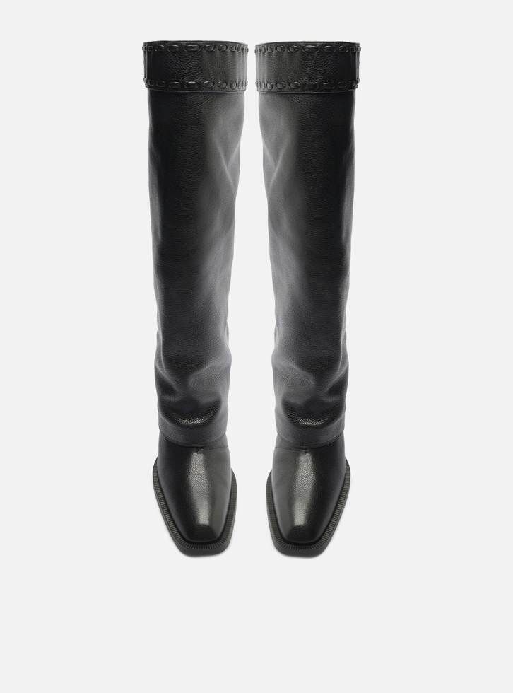 Bota Preta Couro Cano Longo Polaina Folk