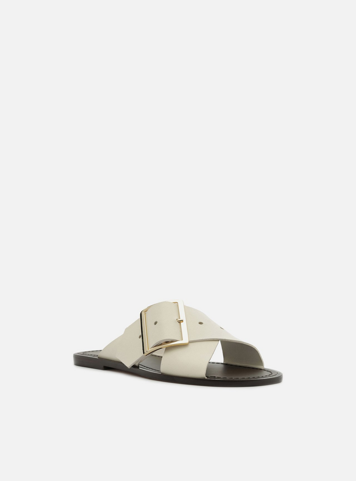 Rasteira Branca Couro Tiras Cruzadas Fivela